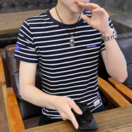 美羅邦（Meloban）夏季休閑男士短袖t恤圓領純棉條紋修身體恤寬松潮流半袖上衣服男 藏青色 XL