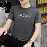 花花公子（PLAYBOY）冰絲短袖t恤衫男士百搭帥氣衣服速干半袖體恤夏季新款潮流 18338深灰色 XL 建議【130-145斤】