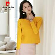 皮爾卡丹（pierre cardin）短款毛衣女秋冬女裝寬松外穿套頭上衣短裝圓領(lǐng)開叉高腰打底針織衫 黃色 S 建議80-95斤穿