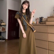 貝仙祺原創(chuàng)街頭風(fēng)極簡(jiǎn)風(fēng)2025夏季短袖條紋披肩連衣裙時(shí)尚顯瘦韓版長(zhǎng)裙女 芥末-長(zhǎng)裙【有披肩】 XL 建130-145斤高品質(zhì)連衣裙