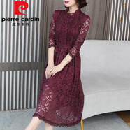 皮爾卡丹（pierre cardin）2025新款女寬松版連衣裙遮肚子減齡顯瘦秋冬打底裙加絨內搭蕾絲裙 酒紅 薄款 3XL 135-150斤