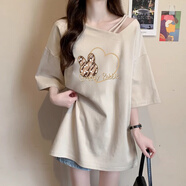 綴櫻大碼胖mm露肩純棉短袖T恤女夏季中長(cháng)款寬松遮肚顯瘦時(shí)尚減齡上衣 杏色(AA230款) M