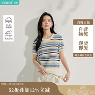 茵曼法式女裝彩虹條針織短袖t恤夏季新潮通勤套頭襯衫上衣 彩虹藍 M