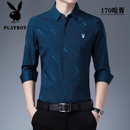 花花公子（PLAYBOY）高端純棉襯衫男士春秋長(cháng)袖高級感抗皺免燙襯衣商務(wù)中年爸爸裝上衣 哈青 170 4XL 190/44碼【190-205斤】