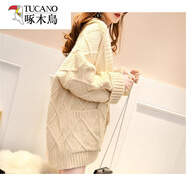 啄木鳥(niǎo)羊毛中長(cháng)款麻花毛衣開(kāi)衫外套女26秋冬新款韓寬松慵懶風(fēng)厚口袋針織 米白 S【80-100斤穿】