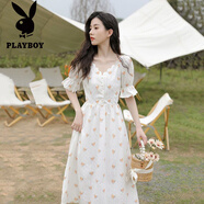 花花公子（PLAYBOY）甜美連衣裙碎花仙女裙子女2025夏季新款韓版文藝淑女裙白色長裙子 橘色碎花 L