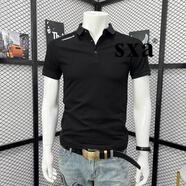 SXA香港潮牌高端簡約印花字母POLO衫男短袖T恤夏季t恤新款修身休閑翻 黑色 4XL