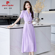 皮爾卡丹（pierre cardin）豎條紋雪紡連衣裙女2024新款夏季感法式v領(lǐng)氣質(zhì)收腰顯瘦長(zhǎng)裙 紫色 L