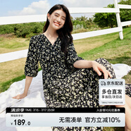 尚都比拉度假風(fēng)碎花連衣裙女夏天V領(lǐng)氣質(zhì)中長裙收腰A字雪紡裙子 黑花  2XL