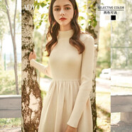米萊達(dá)（MEETLADY）針織連衣裙女2021春冬新款中長(zhǎng)款復(fù)古氣質(zhì)收腰顯瘦毛衣裙子 米色 L 165/L