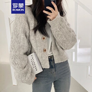 羅蒙（ROMON）小個子韓國chic復古麻花毛衣外套女秋冬寬松短款針織開衫上衣 灰色 均碼 -80-120斤