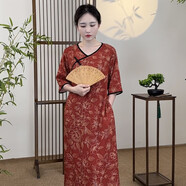 酷章（KUZHANG）2025夏季新中式改良國風(fēng)復(fù)古口袋款V領(lǐng)寬松棉綢五分袖旗袍連衣裙 胭脂紅 包邊口袋款 XL 裙長120CM適合150-160身高