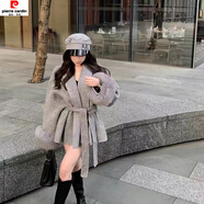 皮爾卡丹（pierre cardin）網(wǎng)紅薄款綁帶呢子外套春秋長(cháng)袖寬松拼接短款毛毛袖新年戰袍 灰色(送腰帶 XL
