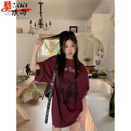 慕瑤雨美式復古中長款BF風短袖T恤男女大碼胖mm夏季寬松情侶裝上衣 酒紅色 M 建議100斤以內(nèi)