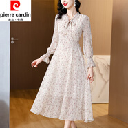 皮爾卡丹（pierre cardin）2025秋冬新款V領(lǐng)蝴蝶結長(cháng)裙系帶長(cháng)袖收腰顯瘦印花中長(cháng)過(guò)膝連衣裙 圖片色 L