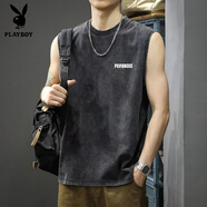 花花公子（PLAYBOY）背心男生夏季美式復(fù)古水洗做舊寬松坎肩個(gè)性潮流寬肩純棉無(wú)袖t恤 水洗做舊黑-【A080】 4XL 170-190
