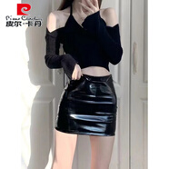 皮爾卡丹黑色漆皮pu半身裙女亮面秋季性感辣妹a字高腰包臀短裙亮皮小皮裙 黑色小皮裙 有安全褲 2XL