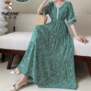 啄木鳥(niǎo)民族風(fēng)棉綢連衣裙女夏裝新款v領(lǐng)仙女碎花裙舒適花邊喇叭袖大擺裙 夢(mèng)幻綠 M 90-105斤