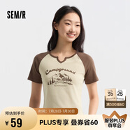 森馬短袖T恤女短款設(shè)計感印花夏季插肩袖緊身套頭衫109324100036