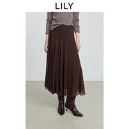 LILY2025冬新款復古不規則碎褶彈力氣質(zhì)通勤咖啡色半身裙A字裙女 710咖啡 M