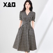XAQ高端職業(yè)連衣裙女法式休閑氣質(zhì)女神范通勤格子V領(lǐng)收腰長(zhǎng)款A(yù)字裙子 黑色 S