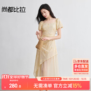 尚都比拉宮廷繡花拼接假兩件方領(lǐng)連衣裙女夏季燈籠袖不規(guī)則茶歇裙收褶長裙