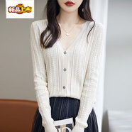 初徑氣質(zhì)溫柔純棉針織秋季外搭開(kāi)衫女鏤空外套純色空調防曬衣V領(lǐng)外搭 米色 S 90-100斤