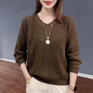 春秋新款洋氣減齡V領(lǐng)寬松棉套頭針織衫日系復古顯瘦純棉 咖色 均碼 【80-150】