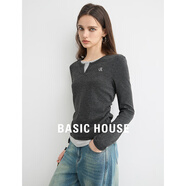 BASIC HOUSE/百家好輕奢v領(lǐng)假兩件長(zhǎng)袖t恤女2025春季新款修身顯瘦撞色打底衫 深灰色 L