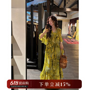三吉黑花【三笙月】國風(fēng)新中式金絲薄紗連衣裙子女夏2025新款漂亮 黃綠 L