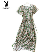 花花公子（PLAYBOY）2025新款碎花印花時尚優(yōu)雅棉綢連衣裙系帶收腰寬松顯瘦V領綿綢 綠葉玫瑰 2XL