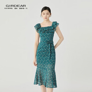 哥弟（GIRDEAR）女裝2025新款荷葉邊領口開叉造型連衣裙（附腰帶）150025 翡翠綠 L (4碼)