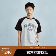 Champion【王俊凱同款】冠軍短袖插肩袖情侶款25夏季新款復(fù)古純棉T恤 黑色灰色拼接 L