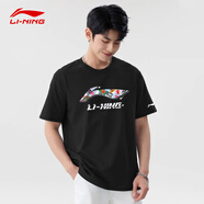 李寧（LI-NING）短袖男女同款t恤潮流圓領(lǐng)休閑棉春夏季印花舒適透氣半袖棉打底衫 黑色-莫代爾纖維56%+聚酯纖維44% L (175)