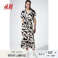 H&M女裝花卉連衣裙秋季通勤氣質(zhì)腰部系帶襯衫式短袖連身裙1233620 奶油色/圖案 155/80 XS
