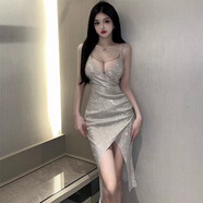 憶靜萱（YIJINGXUAN）夜店性感女裝吊帶連衣裙輕奢小眾高端亮片禮服裙不規則開(kāi)叉中長(cháng)裙 香檳色 均碼 1