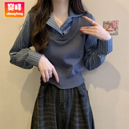 賞峰假兩件針織衫女2025春秋新款設(shè)計(jì)感毛衣拼接襯衫條紋長(zhǎng)袖打底上衣 主圖款 均碼 彈力均碼(建議70-120斤)