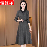 恒源祥2023新款春秋冬中年毛呢長袖連衣裙女高端名牌簡約加厚中長款裙子 黑色 M