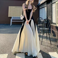 小野七天吊帶連衣裙長(cháng)裙大裙擺黑白拼接夏季設計感小眾修身顯瘦度假裙子 黑白拼接 肩帶可調節 M