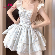 蜜樂(lè )奇甜美碎花連衣裙女夏季新款小飛袖設計感仙女公主裙收腰蓬蓬短裙子 藍色碎花裙【面料】 S