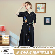 兩三事梵高文藝 美學(xué)漣漪 2025夏季新款印花貼布繡綁帶翻領(lǐng)連衣裙 黑色 L