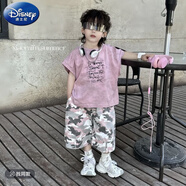 迪士尼（Disney）25夏季新款套裝卡通背心迷彩短褲韓版男童洋氣兒童寶寶兩件套潮 粉色套裝 90