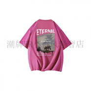 EAKC 簡約Logo手繪字母風(fēng)景油畫印花短袖T恤 男女同款 玫紅色 M