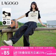lagogo撞色翻領(lǐng)短袖T恤女拉谷谷春季新款休閑透氣插肩短款上衣 米黑(TW) S