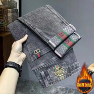 菲尼東爵國潮中國刺繡牛仔褲男修身小直筒春秋款潮流休閑潮牌男士褲子 騎-黑灰色/A802加絨 34