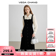 VEGA CHANG絲絨連衣裙女2025年秋冬新款顯瘦氣質(zhì)拼接假兩件長裙子 黑拼米 S