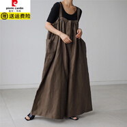 皮爾卡丹（pierre cardin）闊腿連體褲裙時(shí)尚大碼棉麻吊帶褲bf風(fēng)休閑學(xué)生九分寬松亞麻背帶褲 棕色 M