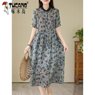 啄木鳥(niǎo)苧麻棉麻連衣裙女2025夏季新款高端媽媽夏裝氣質(zhì)洋氣亞麻短袖裙子 圖片色高端精致/寬松/桔梗/小香 M 【建議90-115斤】