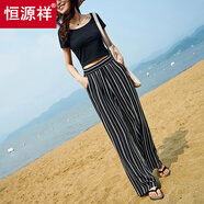 恒源祥雪紡闊腿休閑褲女寬松2025夏季新款高腰豎條紋直筒沙灘褲拖地長褲 黑底條紋 松緊腰 S 建議70-85斤
