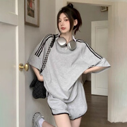 貞喜氣時(shí)尚跑步運動(dòng)套裝女2025短袖短褲韓版寬松吸汗瑜伽服健身服學(xué)生 淺灰色兩件套 【M碼】建議80-100斤